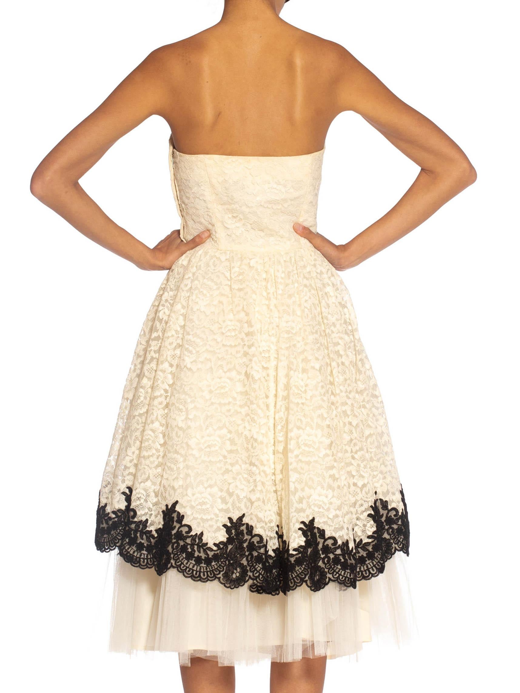 De las mujeres 1950S Vestido de cóctel sin tirantes de tul de encaje negro y crema en venta