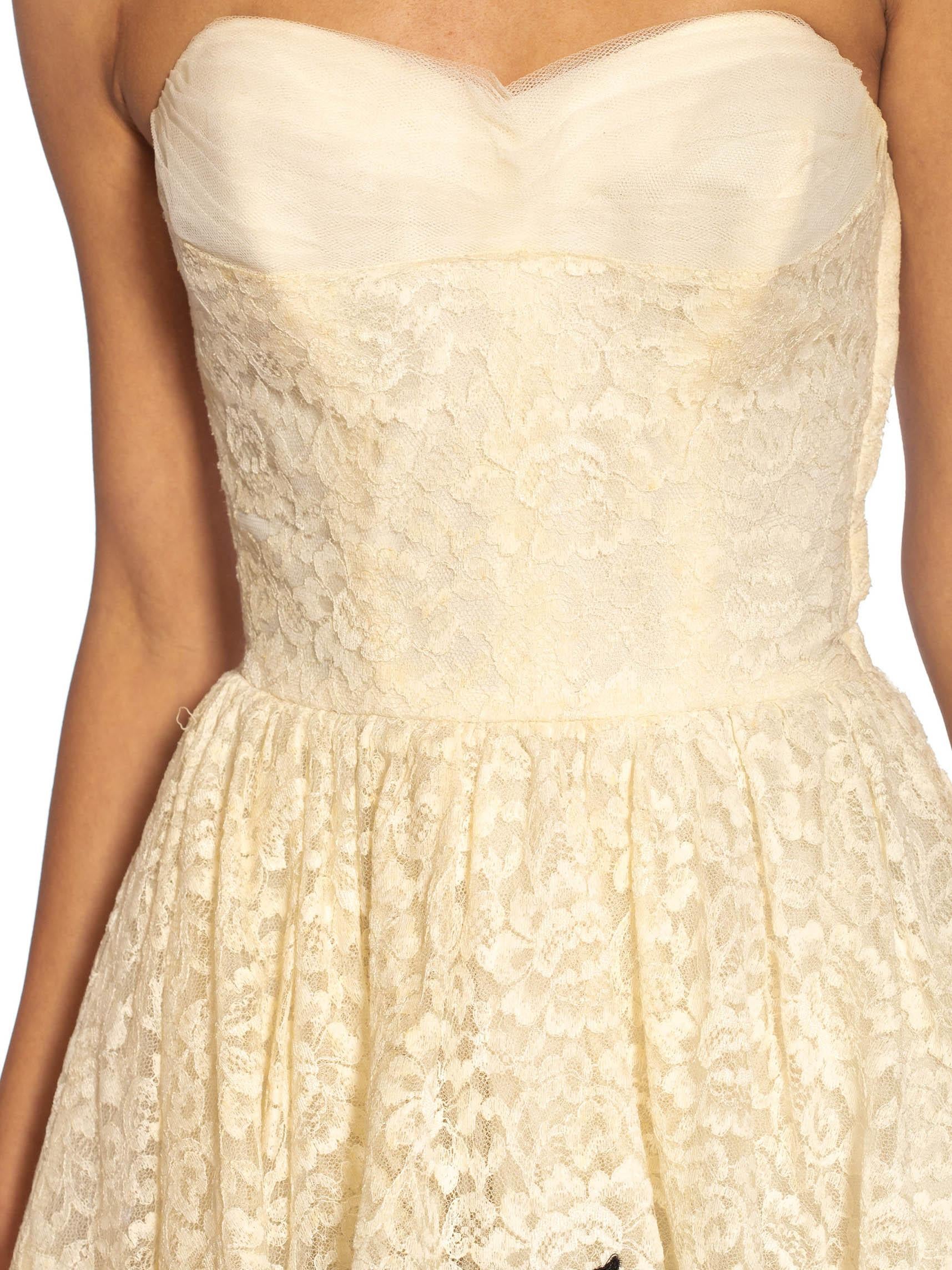 White 1950S Cream & Black Lace Tulle Strapless Cocktail Dress For Sale