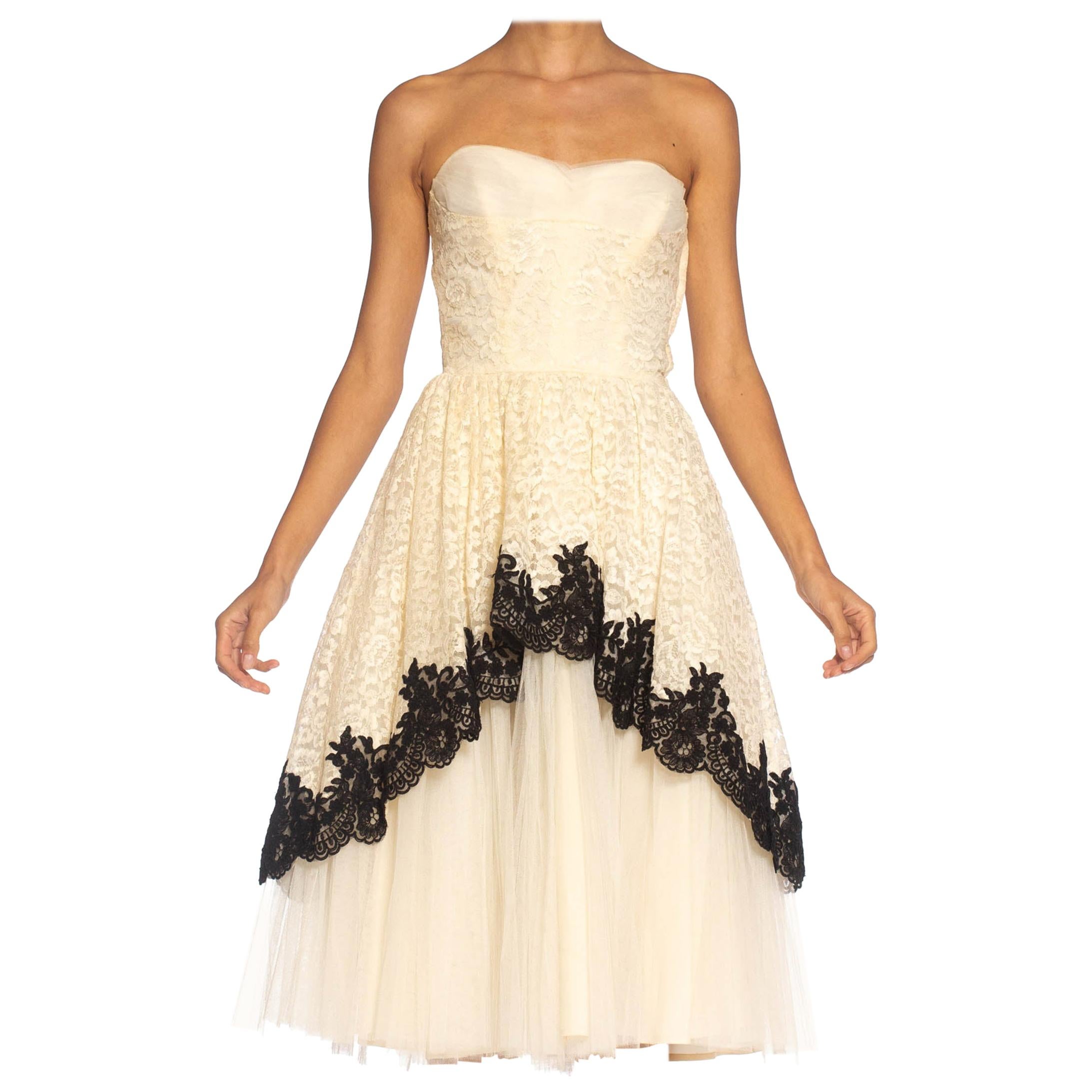 1950S Cream & Black Lace Tulle Strapless Cocktail Dress For Sale