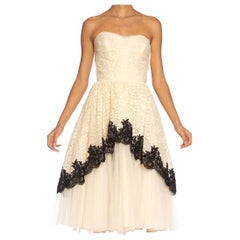 Used 1950S Cream & Black Lace Tulle Strapless Cocktail Dress