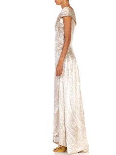 1950S Cream Champagne Silk Jacquard Crisscross Bodice Gown