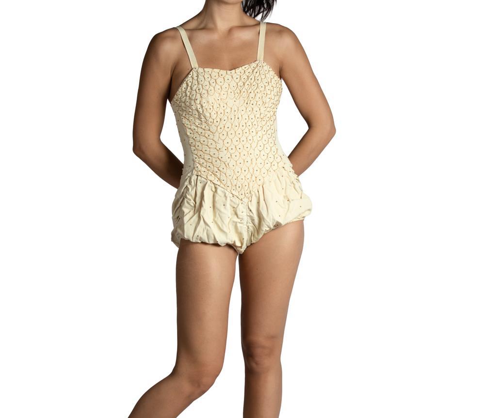 1950S Cream & Gold Rose Marie Reid Limited Edition Sun Suit Swimsuit Beaded With Fish Scales