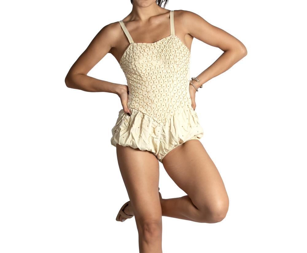 Women's 1950S Cream & Gold Rose Marie Reid Limited Edition Sun Suit Swimsuit Beaded Wit For Sale