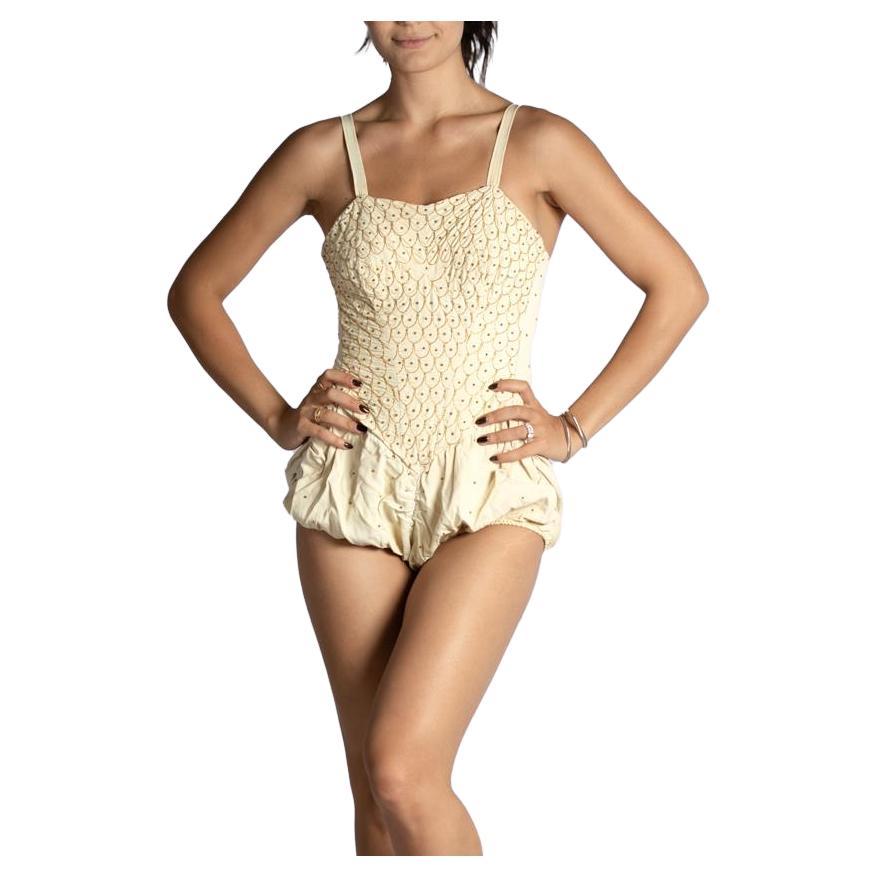 1950S Cream & Gold Rose Marie Reid Limited Edition Sun Suit Swimsuit Beaded Wit For Sale