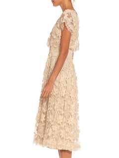 1950S Cream Hand Embroidered Silk Floral Dress