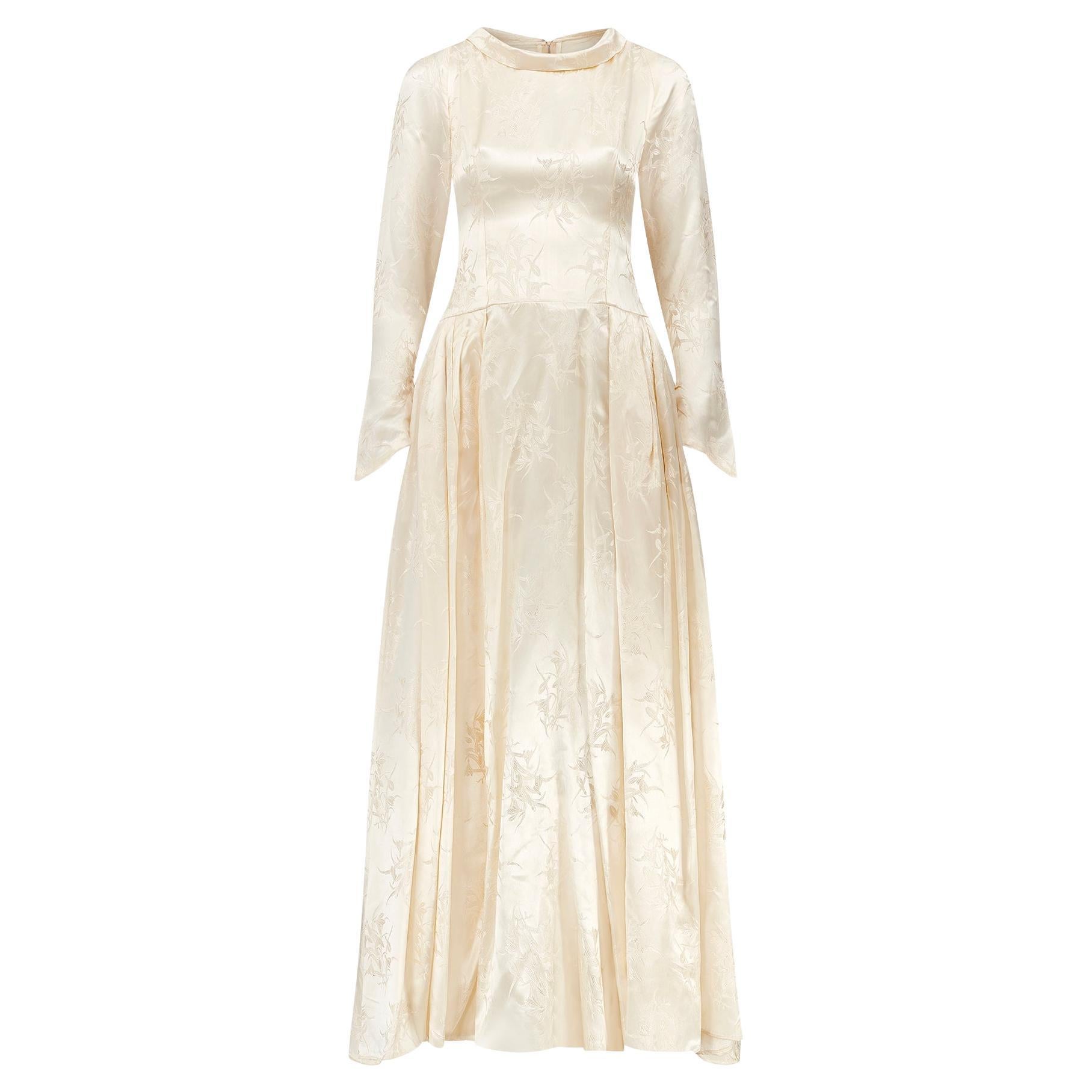 Vestido de novia floral en jacquard crema de los años 50 en venta