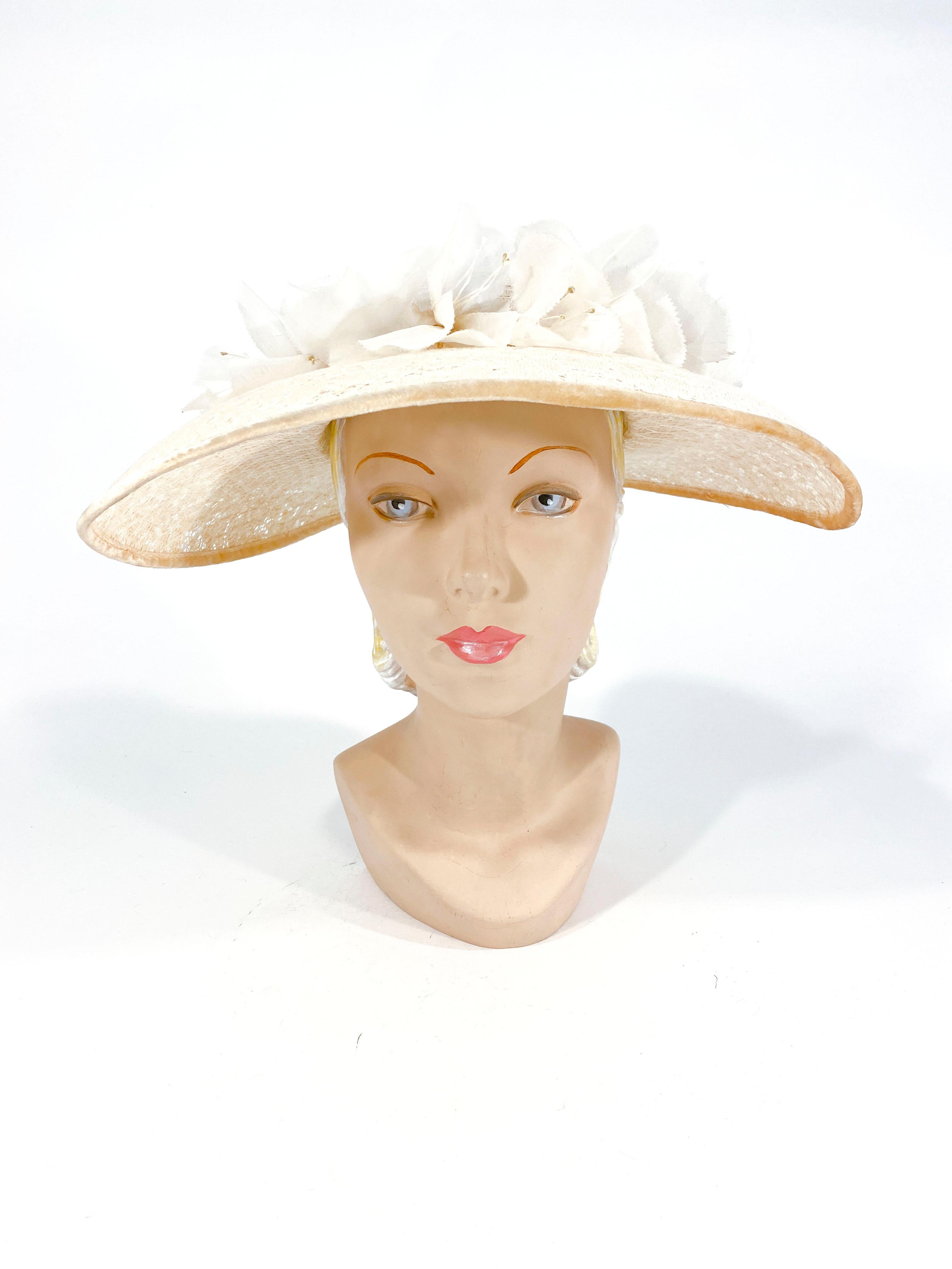 Women's Vintage Straw Hat with Cream Flowers and Brown Velvet Ribbon and Small Hat Pin