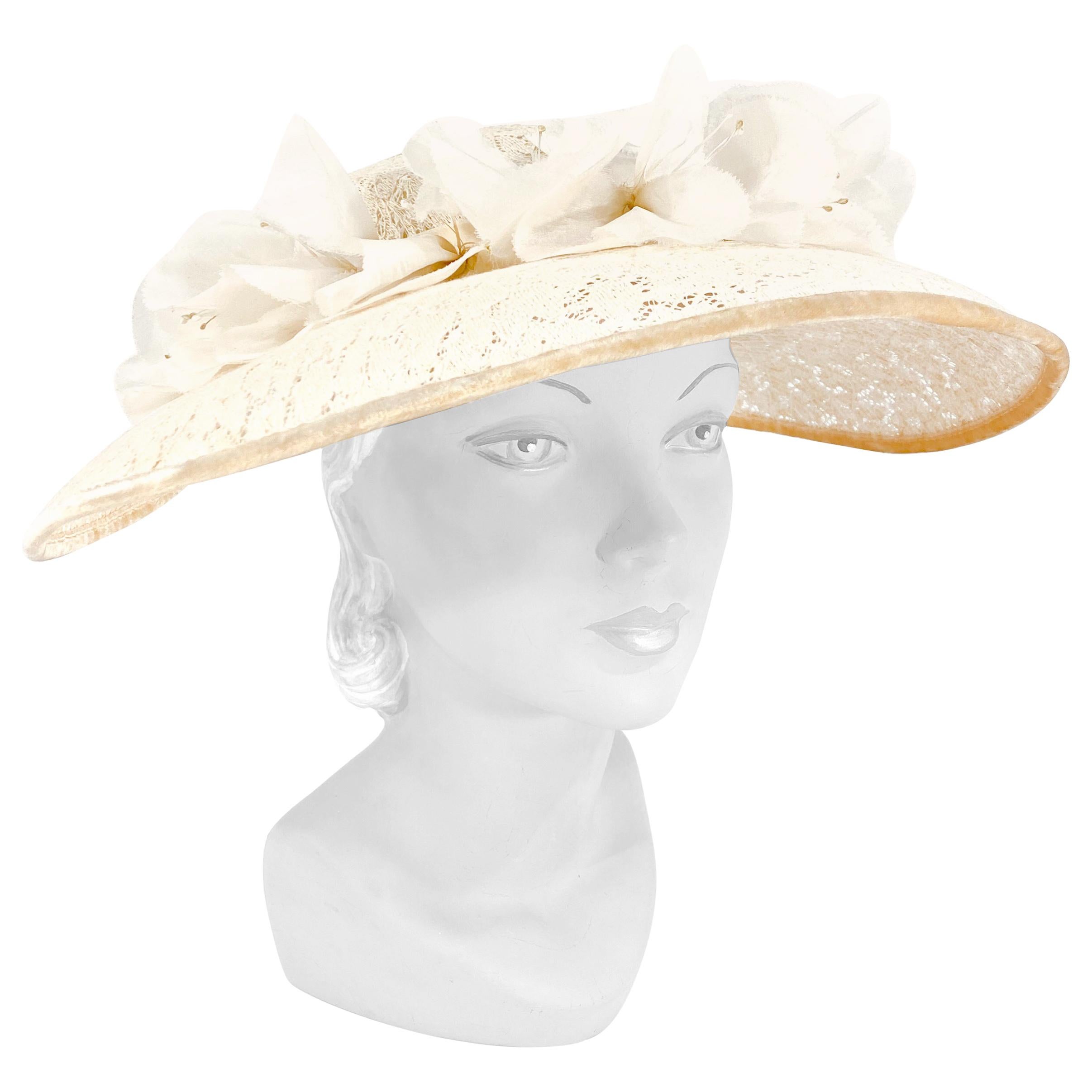 Women's Vintage Straw Hat with Cream Flowers and Brown Velvet Ribbon and Small Hat Pin