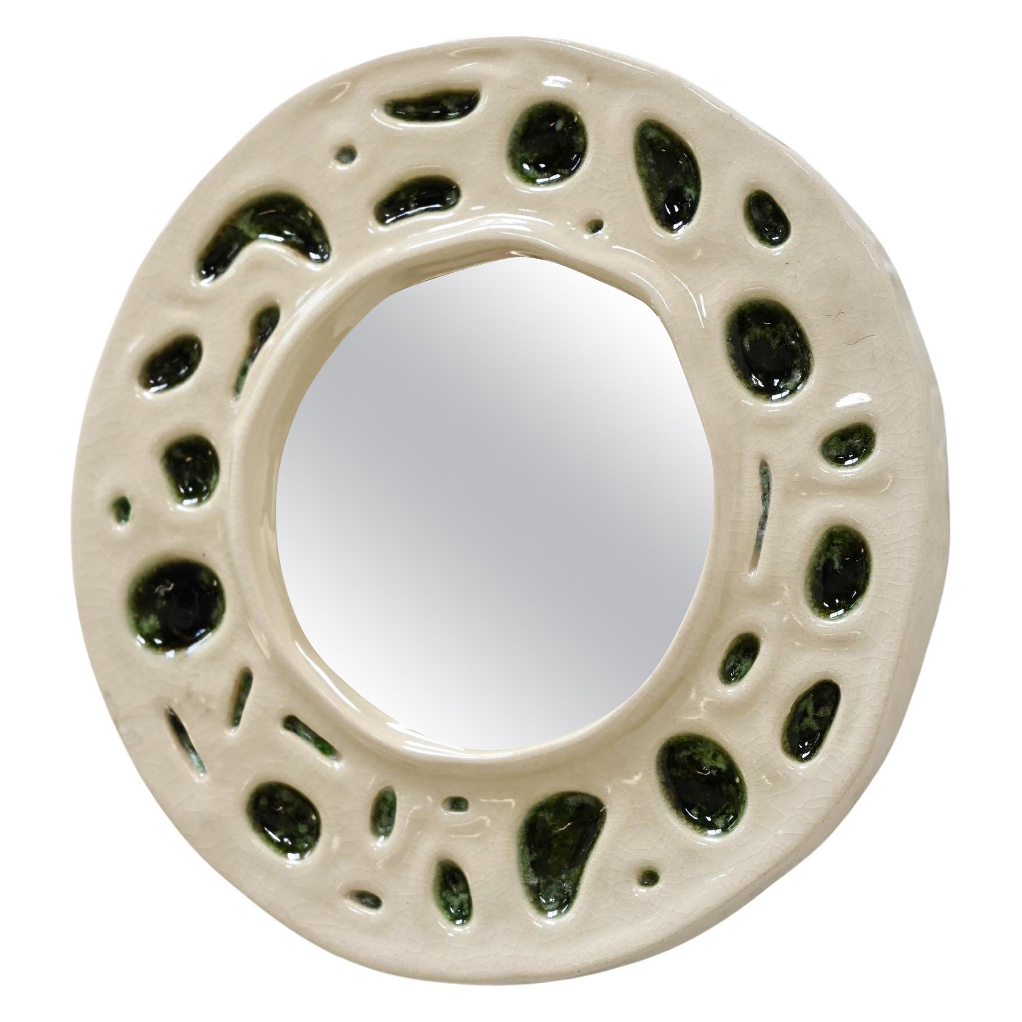 Specchio francese in ceramica organica color crema e verde muschio del 1950 in vendita