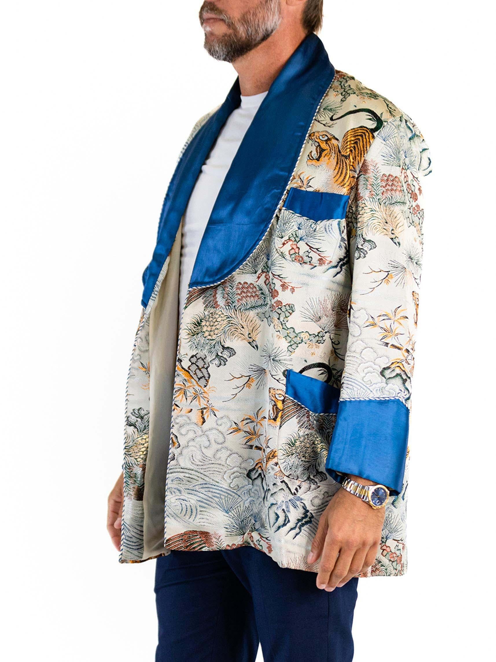 1950S Cream Rayon Jacquard Jacket With Tiger Embroidery And Blue Trim 1