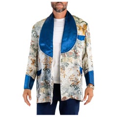 1950S Cream Rayon Jacquard Jacket With Tiger Embroidery And Blue Trim