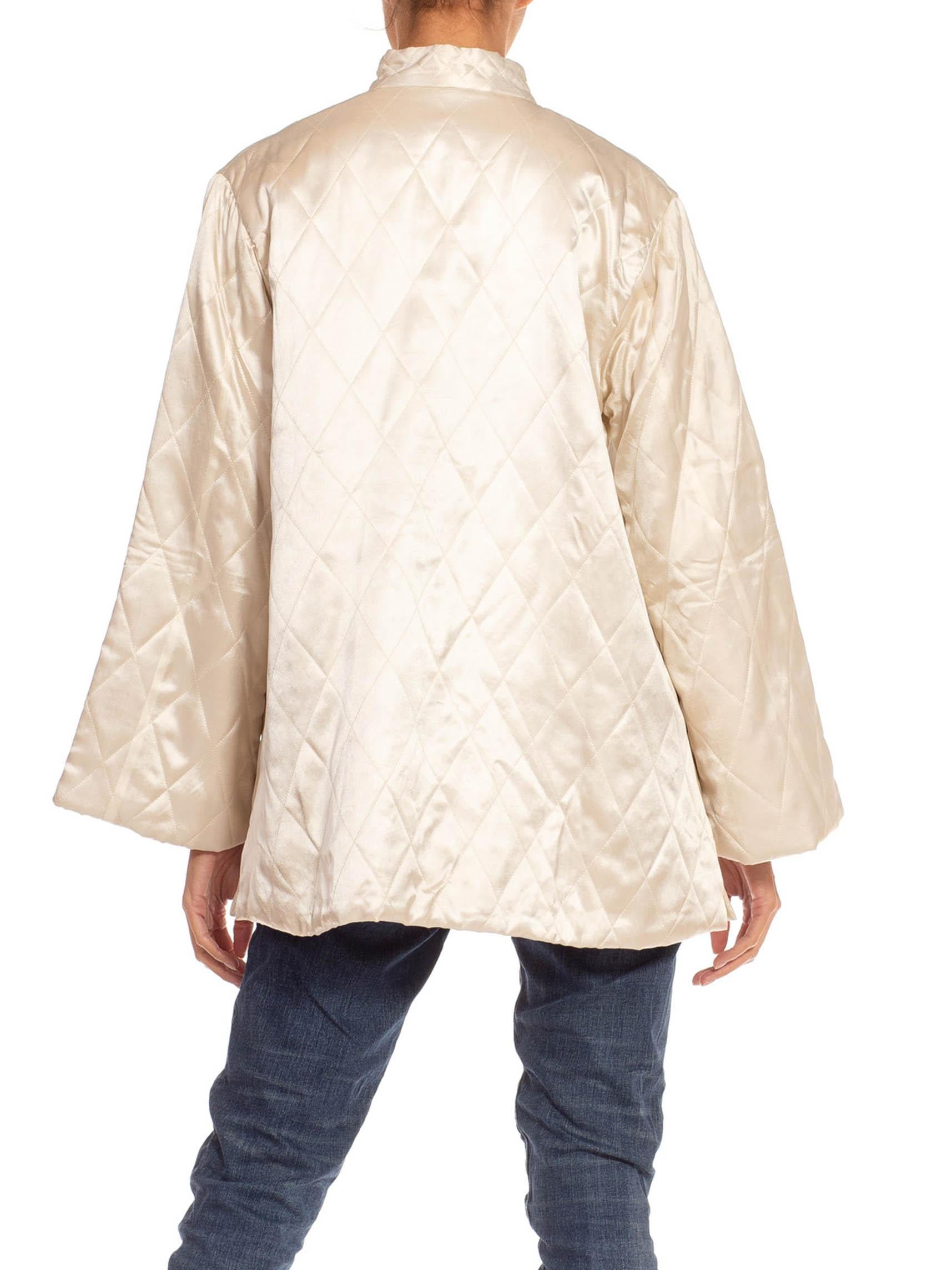 Women's or Men's 1950S Cream Satin Quilted Embroidered Bed Jacket
