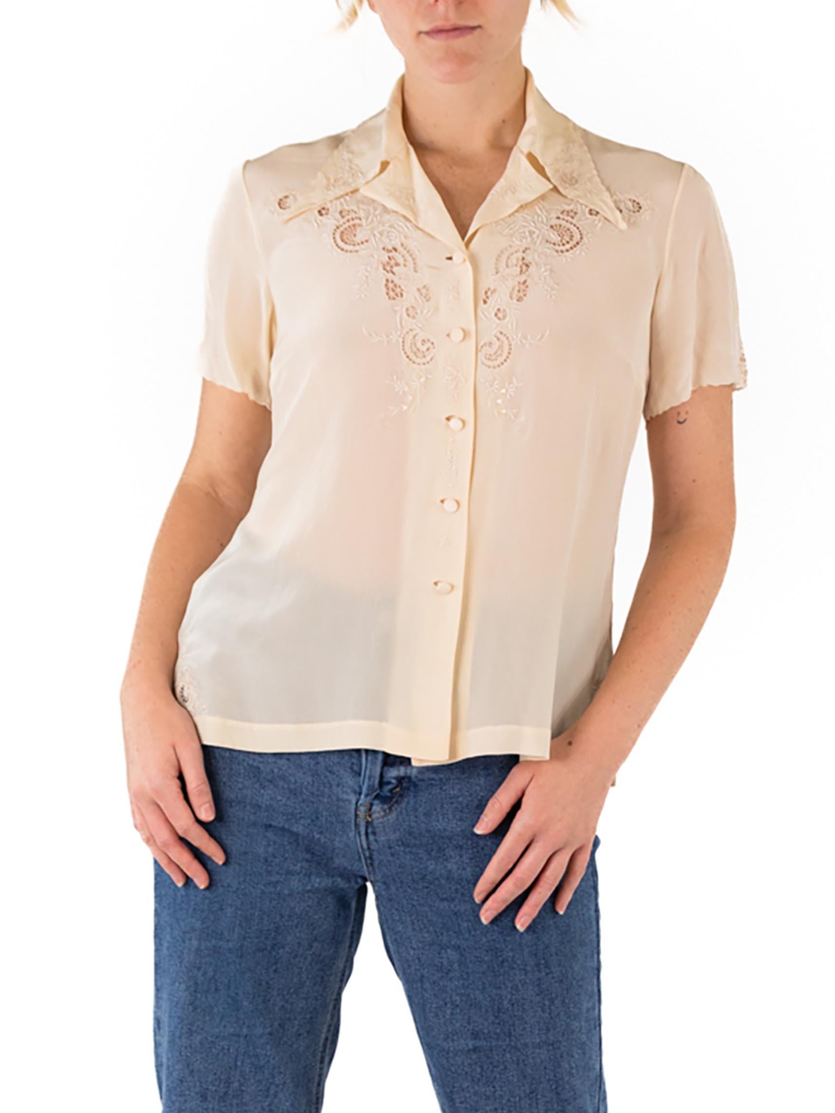 Women's 1950S Cream Silk Crepe De Chine Hand-Embroidered Shirt For Sale