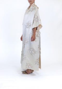 1950S Cream Silk Duchess Satin Oversized Opera Coat With 3D Metallic Floral Emb