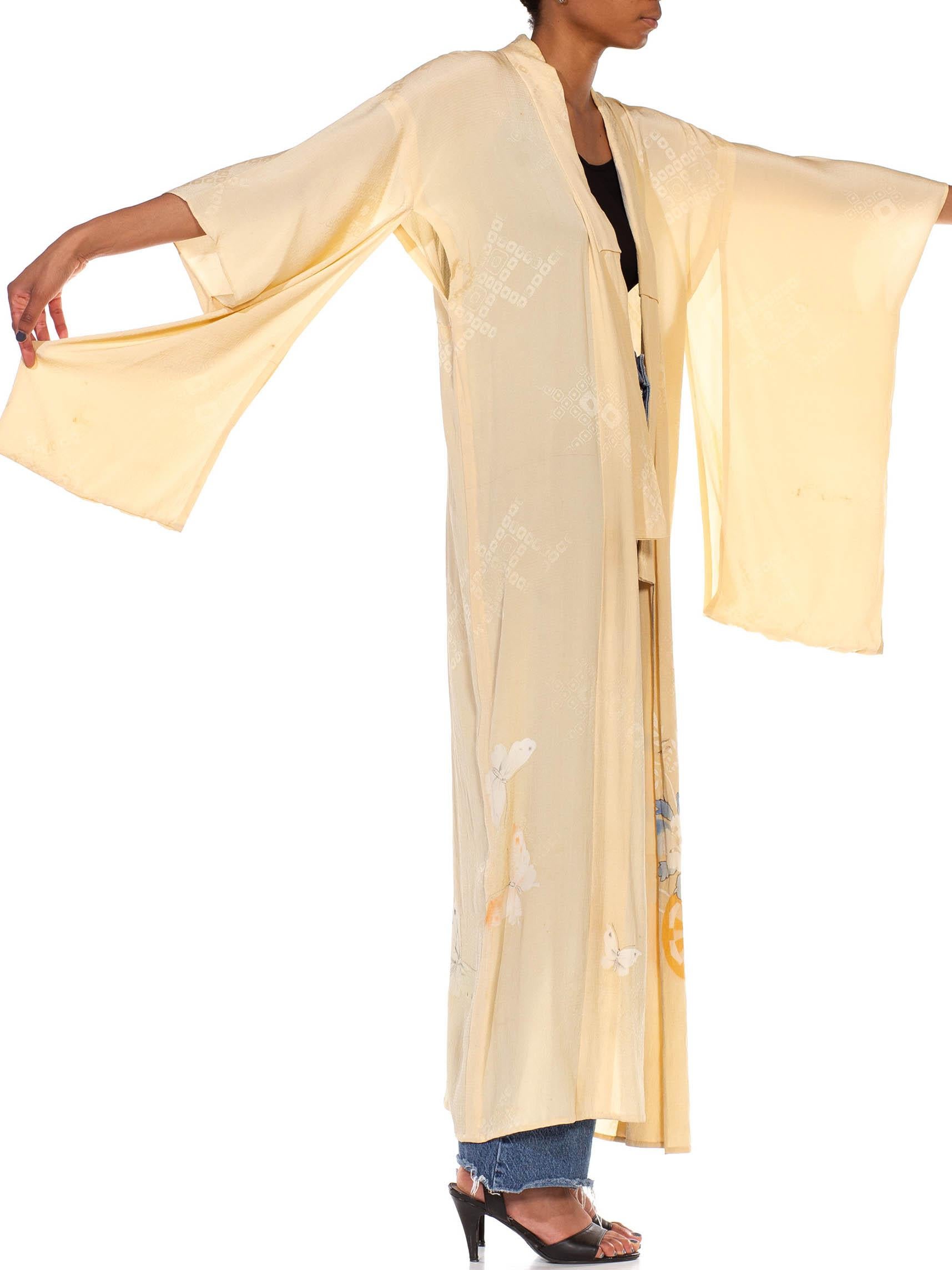 Women's or Men's 1950S Cream Silk Hand Painted Butterfly's With Metallic Thread Kimono For Sale