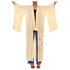 1950S Cream Silk Hand Painted Butterfly's With Metallic Thread Kimono