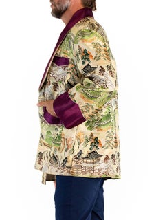 1950S Cream Silk Jacquard Garden Scene Smoking Jacket With Purple Trim