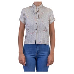 Vintage 1950S Cream Silk Newspaper Letter Print With Cherries Shirt