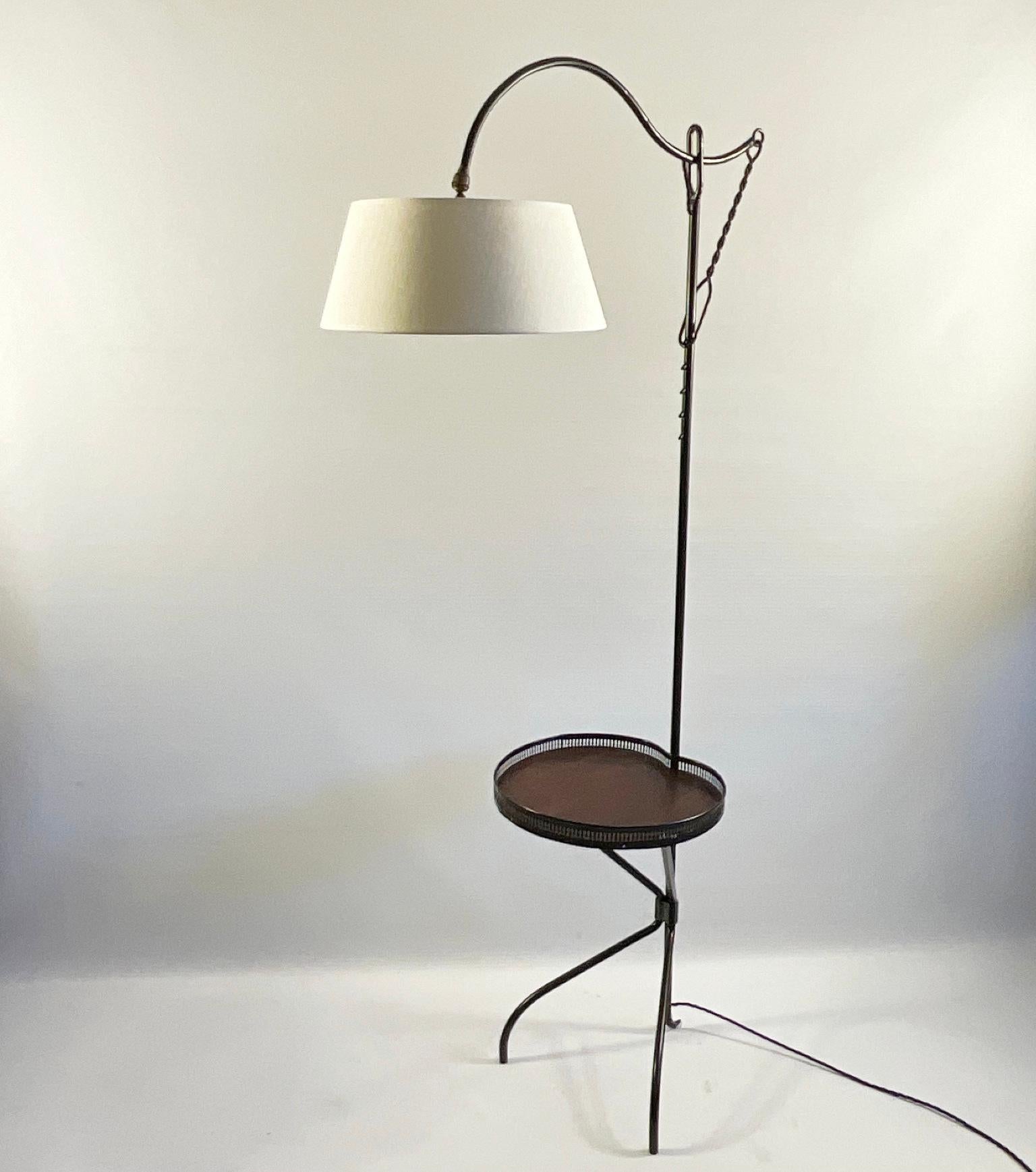 1950s Crémaillère Floor Lamp with Side Table Attributed to Jacques Adnet France For Sale 1