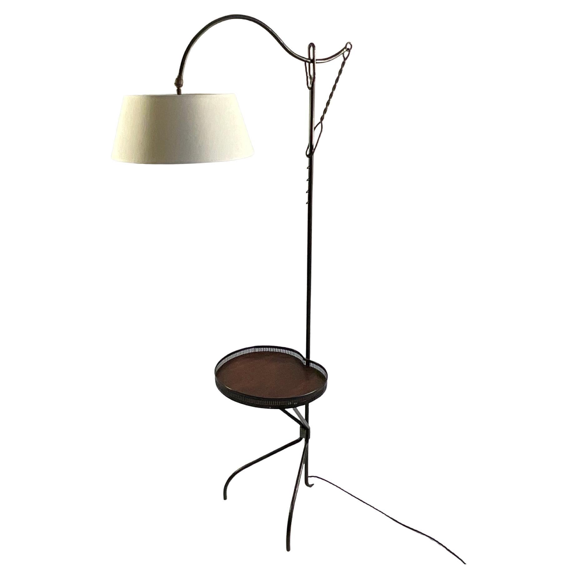 1950s Crémaillère Floor Lamp with Side Table Attributed to Jacques Adnet France For Sale