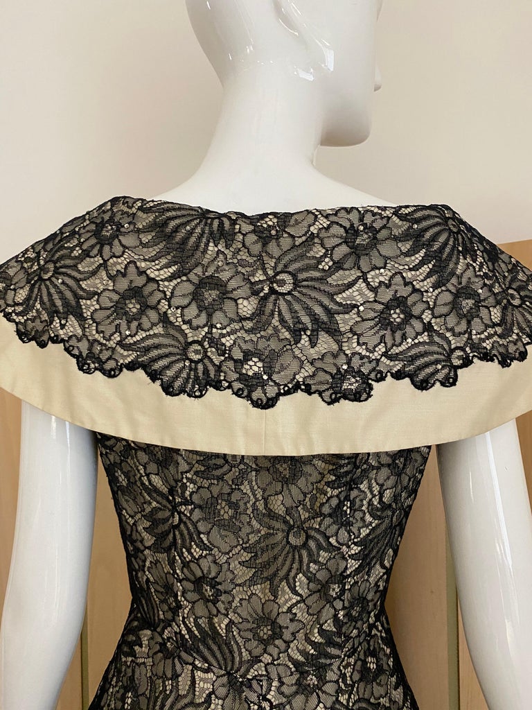 Women's 1950s Creme And Black Silk Lace cocktail Dress For Sale
