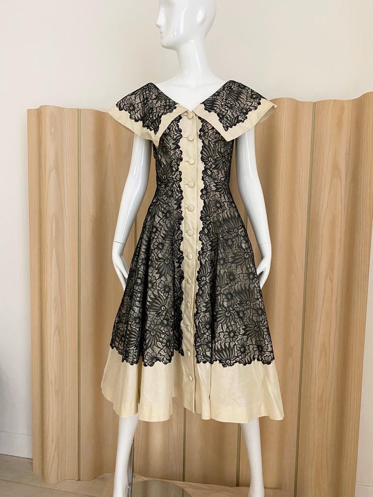 1950s Creme And Black Silk Lace cocktail Dress at 1stDibs | 1950s silk dress,  creme silk dress