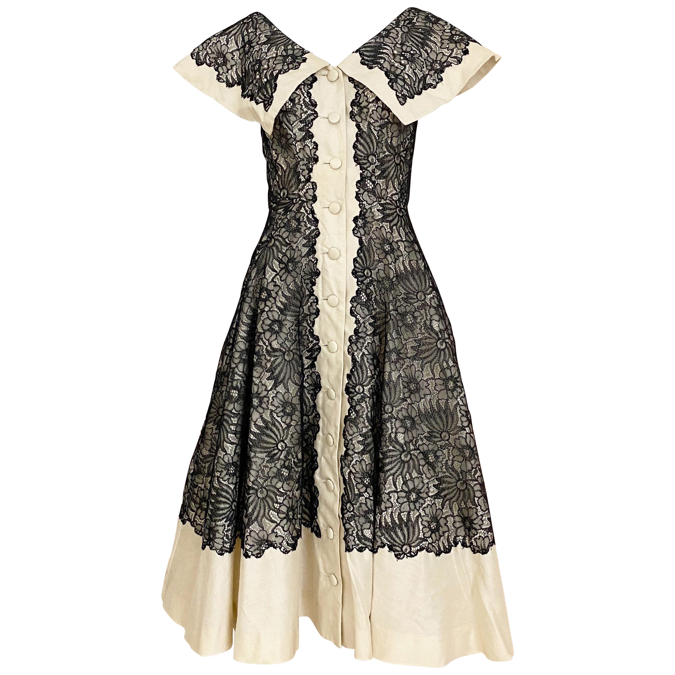 1950s Creme And Black Silk Lace cocktail Dress