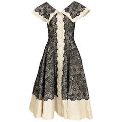 Retro 1950s Creme And Black Silk Lace cocktail Dress