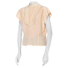 1950S Blush Pink Rayon Crepe De Chine Victorian Revival Short Sleeve Blouse Wit