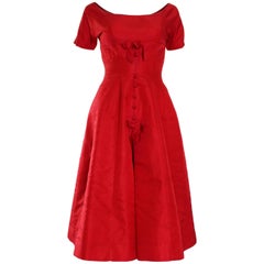 1950s Crimson Red Satin Retro Prom Style Dress