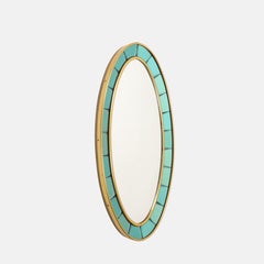 1950s Cristal Art Oval Hand-Cut Beveled Green Glass Mirror Model 2727