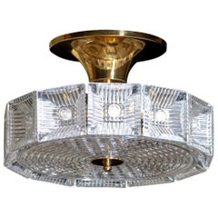 1950s Crystal and Brass Flush Mount Pendant, Carl Fagerlund for Orrefors, Sweden
