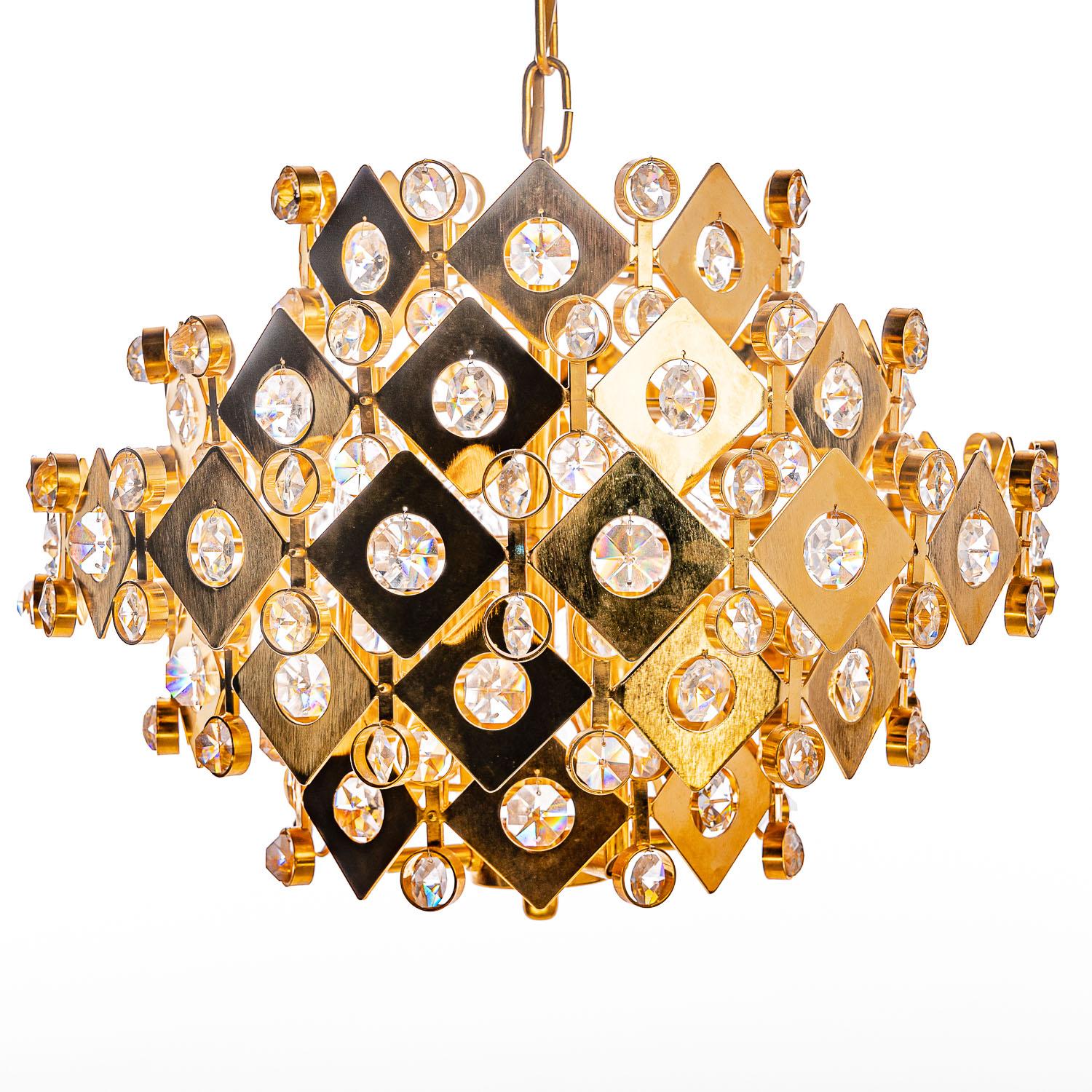 1950's Crystal Glass & Brass Chandelier in Style of Palwa For Sale 2