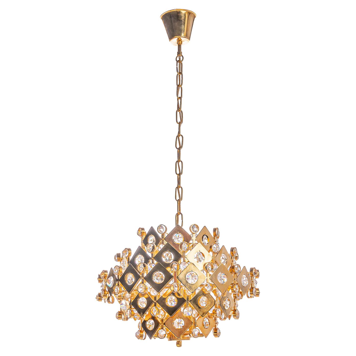 1950's Crystal Glass & Brass Chandelier in Style of Palwa For Sale