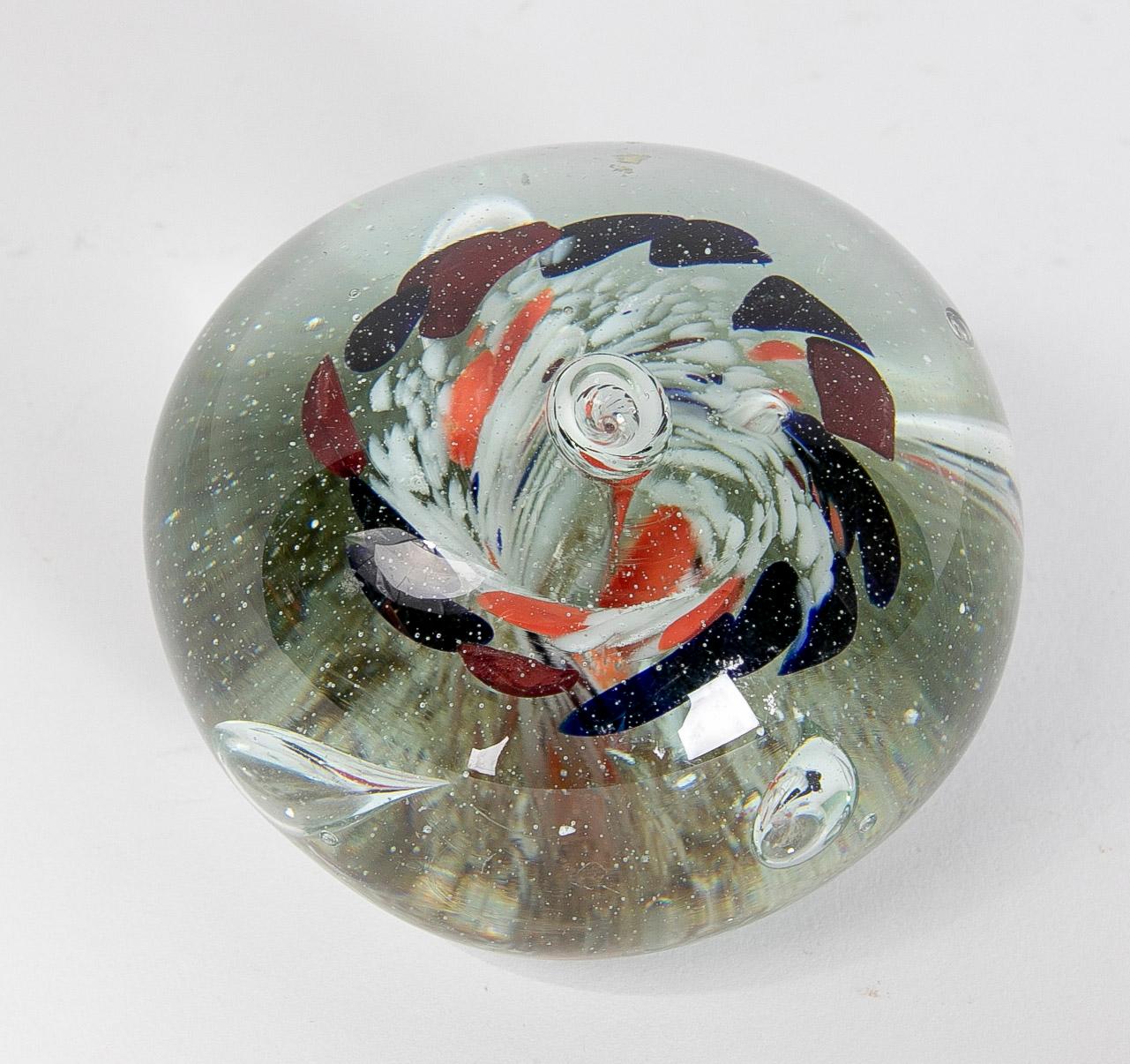 1950s Crystal paperweight with colours decoration.
