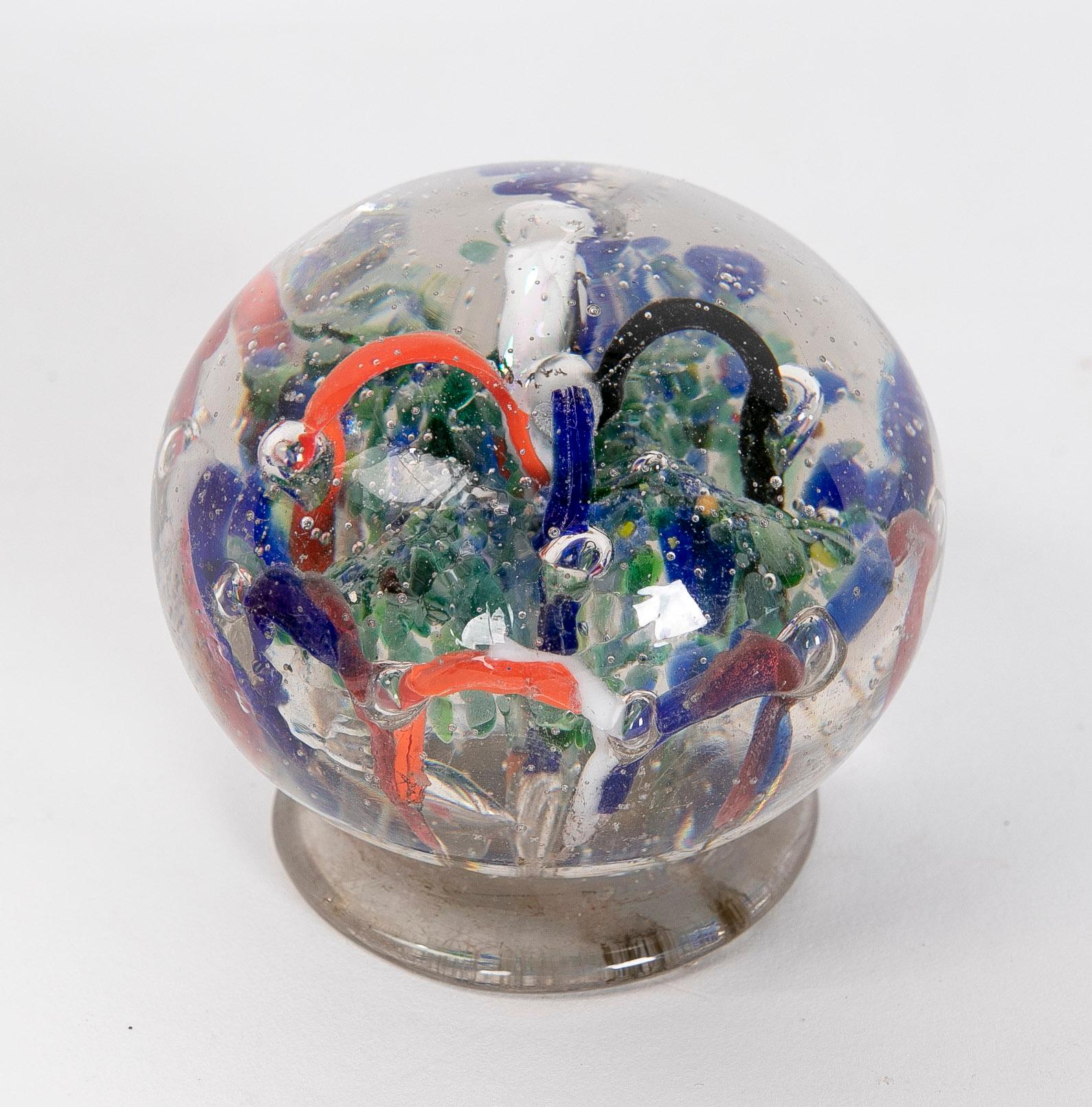 20th Century  1950s Crystal Paperweight with Different Colors Decoration and Base For Sale