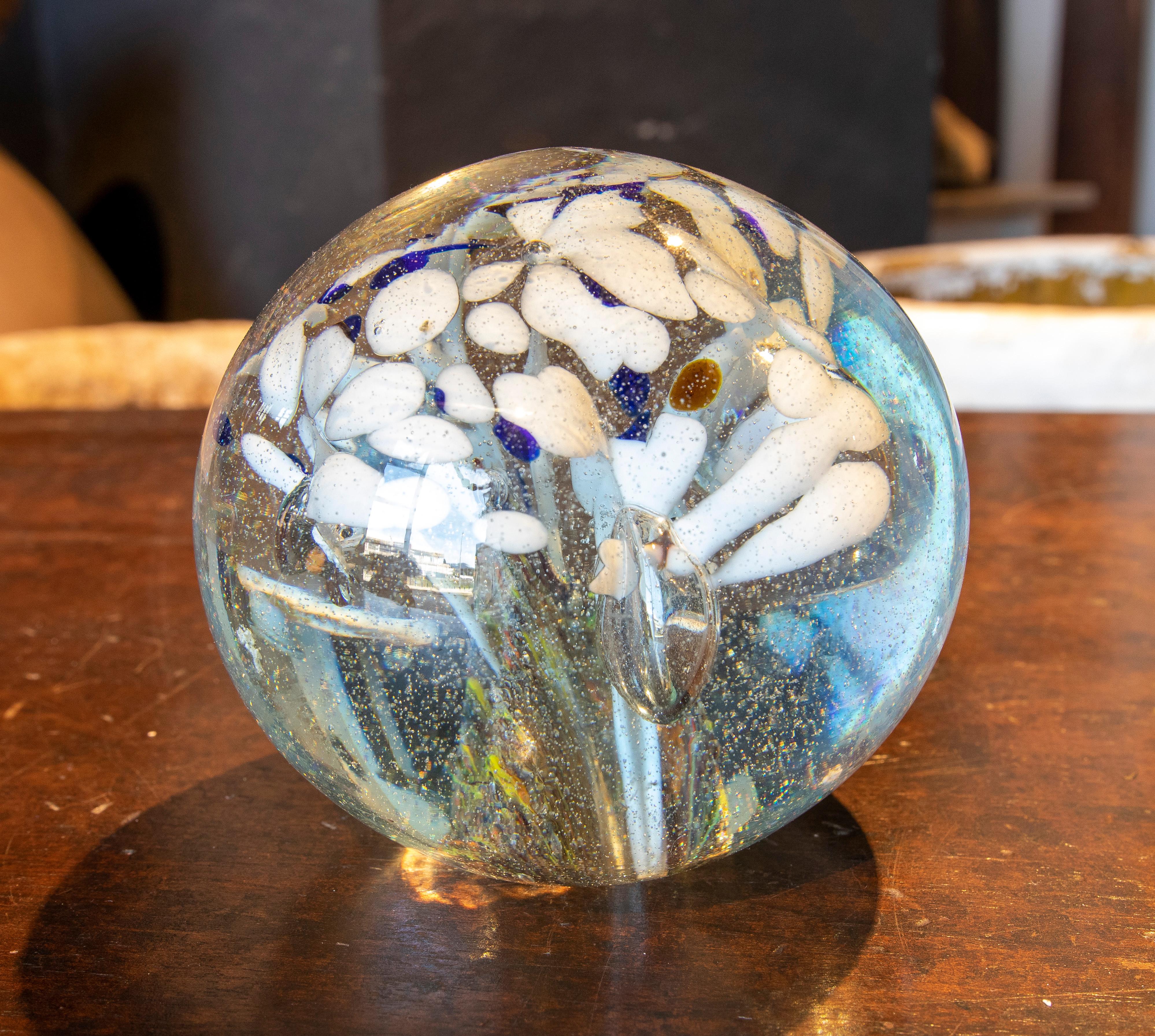 1950s Crystal Paperweight with Flower Decoration 