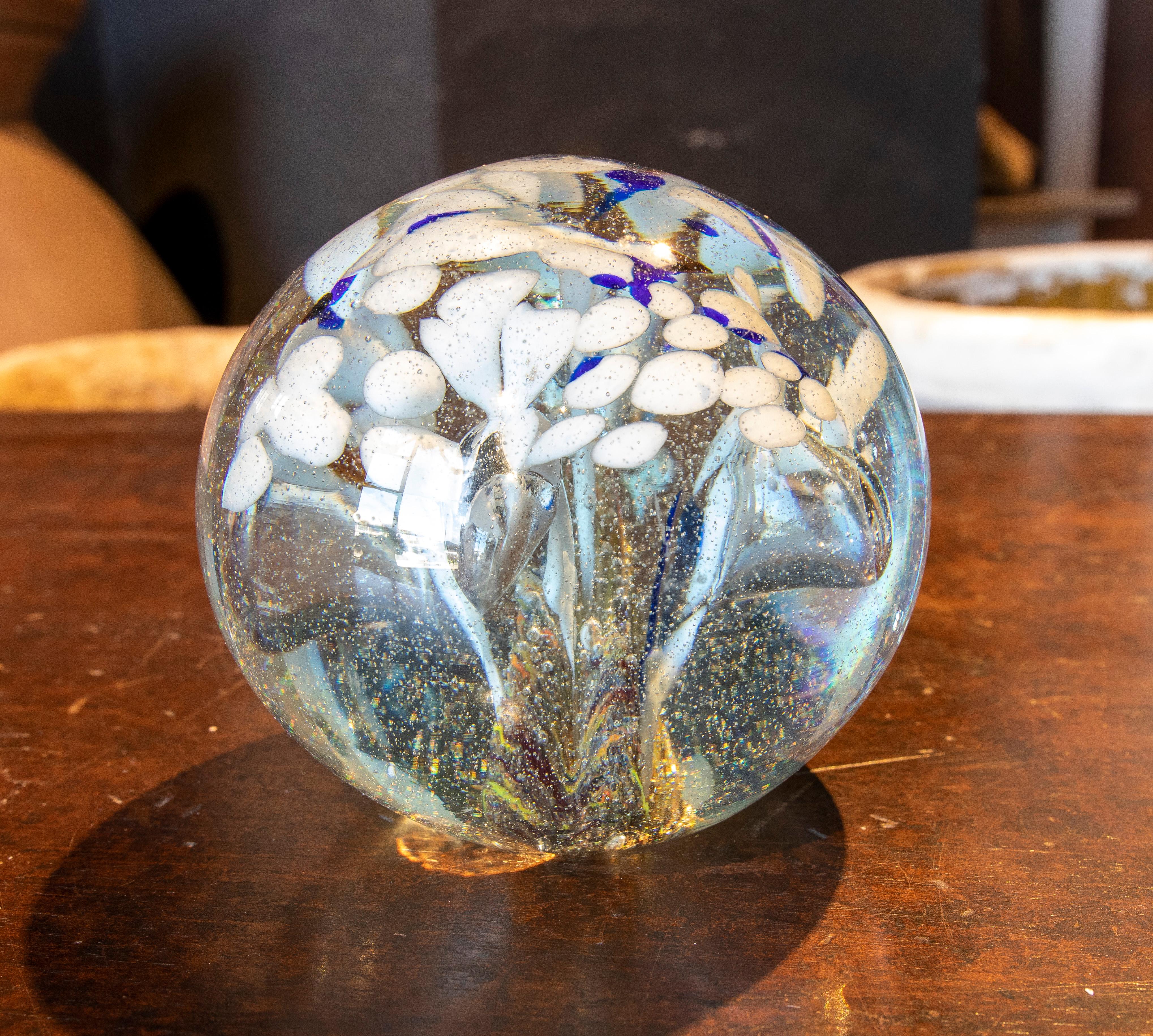 Glass 1950s Crystal Paperweight with Flower Decoration  For Sale