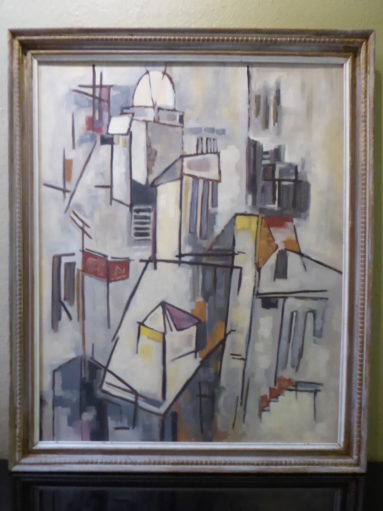 Mid Century Modern exceptional oil on board Cubist Cityscape painting from the 1950s. Color palette of mostly shades of gray with brick red, yellow, white and black and dark brown outlines. Original carved wood frame, wear consistent with age and
