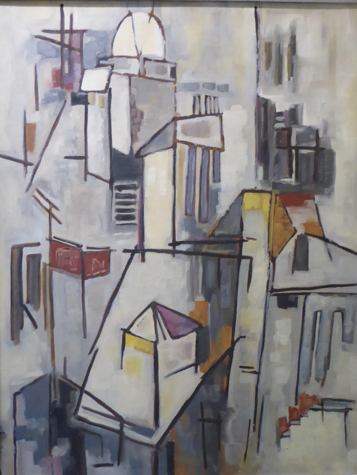 Kubistische Stadtlandschaft, Mid-Century Modern, Gemälde, Öl auf Karton, 1950er Jahre (Moderne der Mitte des Jahrhunderts) im Angebot