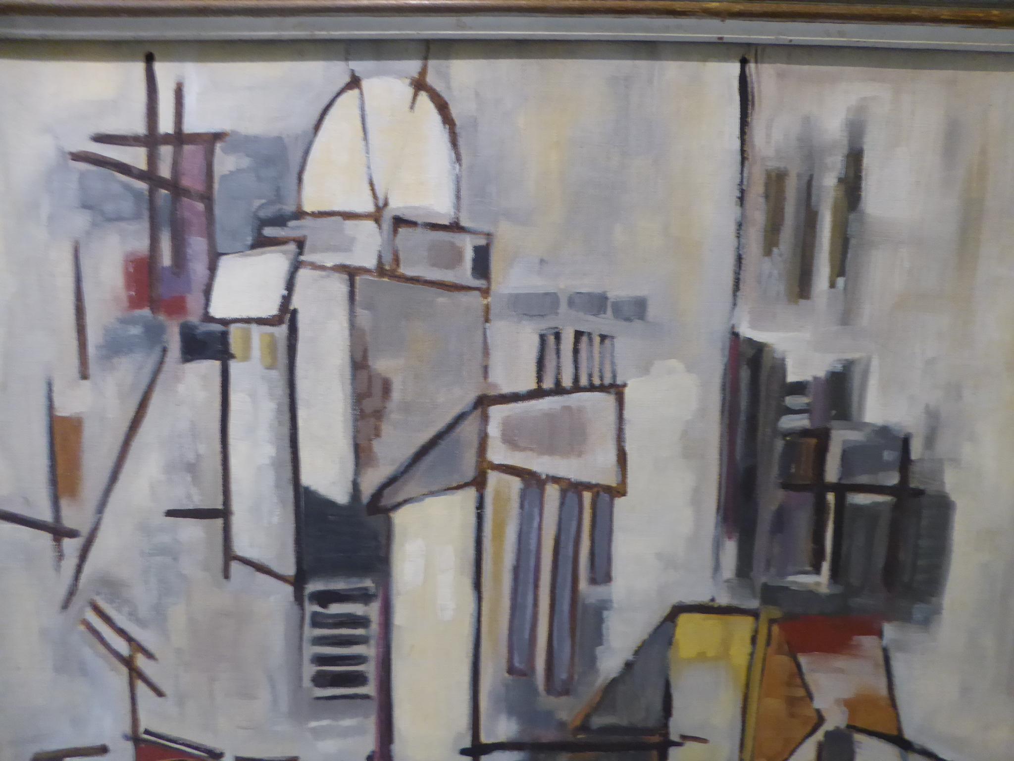 American 1950s Cubist Cityscape Mid Century Modern Painting Oil on Board For Sale