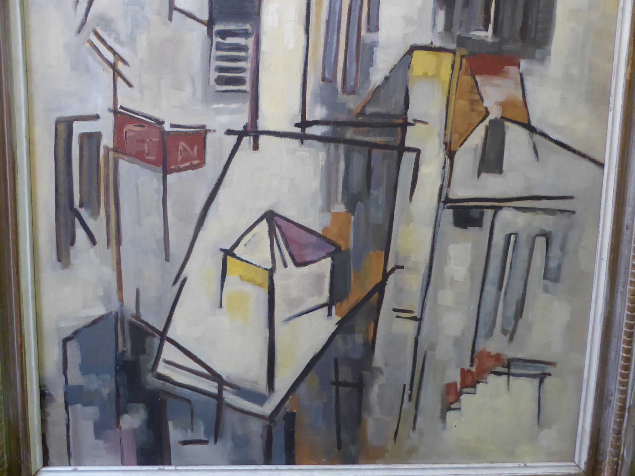 Kubistische Stadtlandschaft, Mid-Century Modern, Gemälde, Öl auf Karton, 1950er Jahre im Zustand „Gut“ im Angebot in Miami, FL