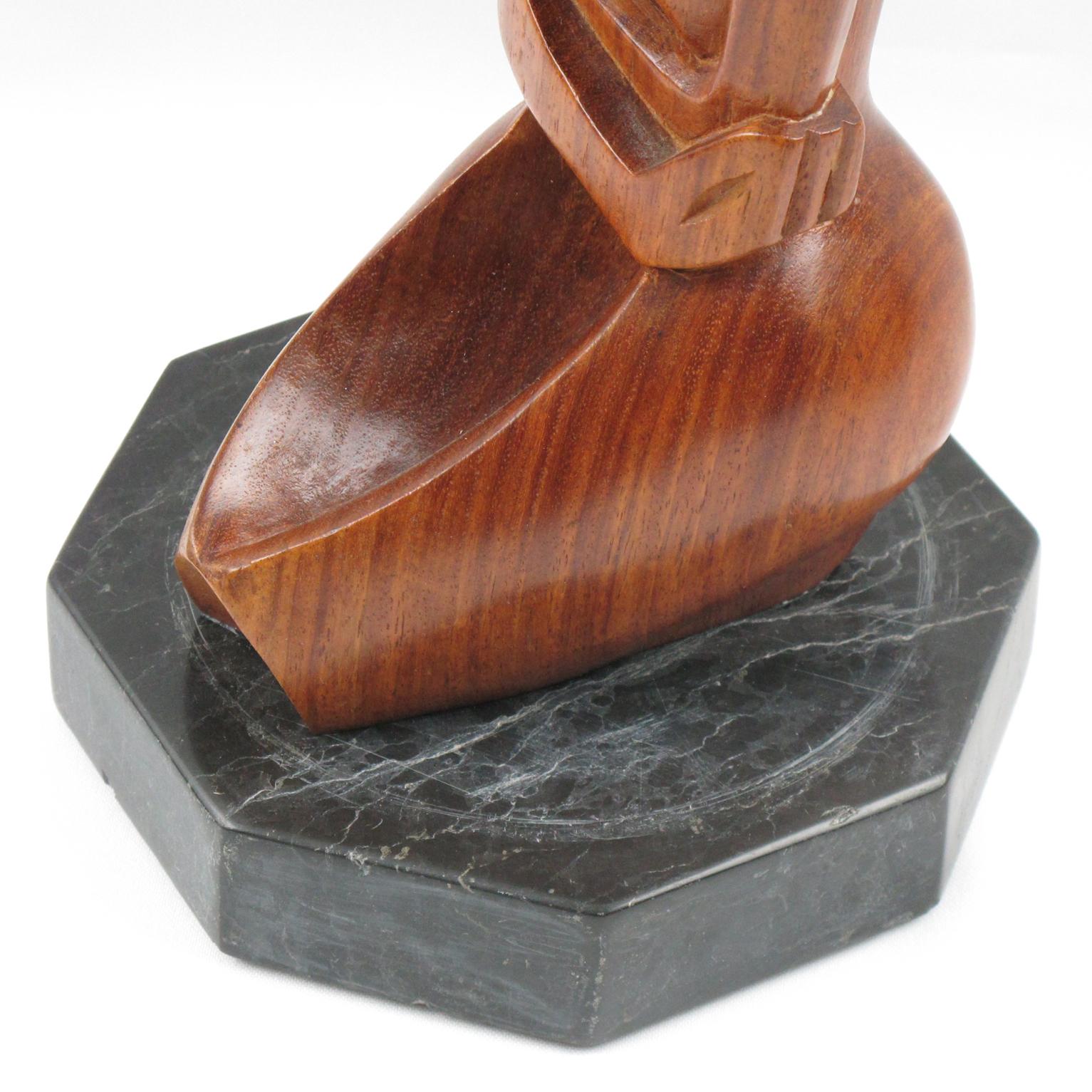 1950s Cubist Nude Woman Wooden Sculpture on Marble Base 1
