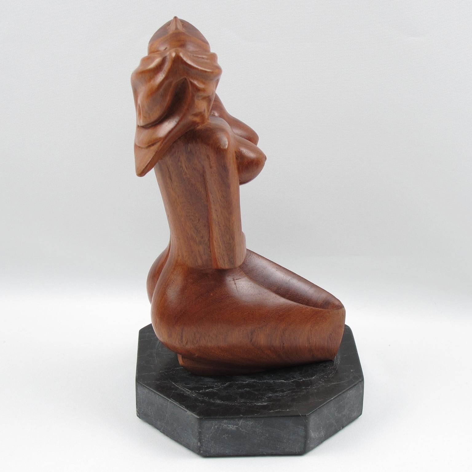 French 1950s Cubist Nude Woman Wooden Sculpture on Marble Base