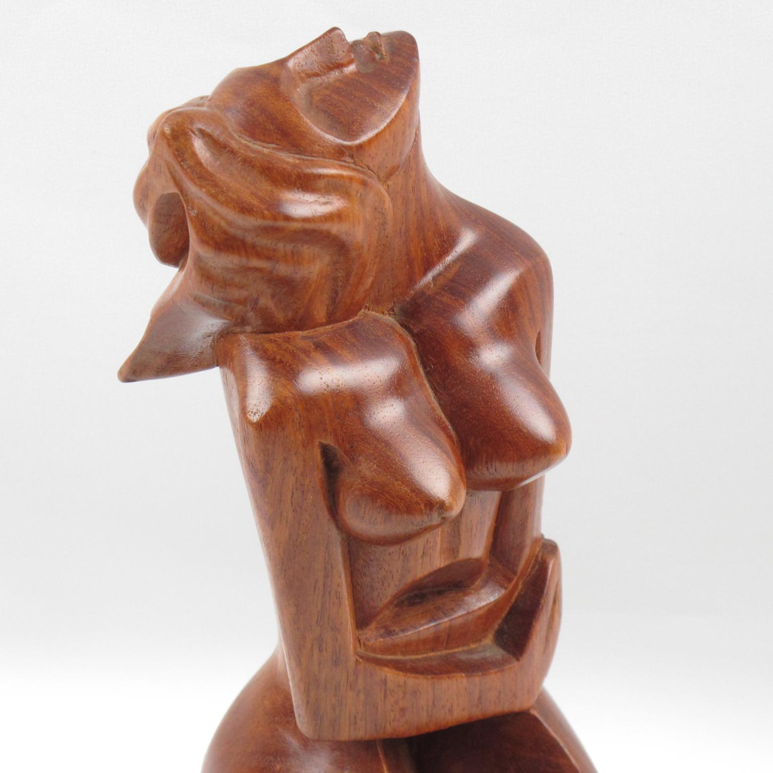 1950s Cubist Nude Woman Wooden Sculpture on Marble Base In Good Condition In Atlanta, GA
