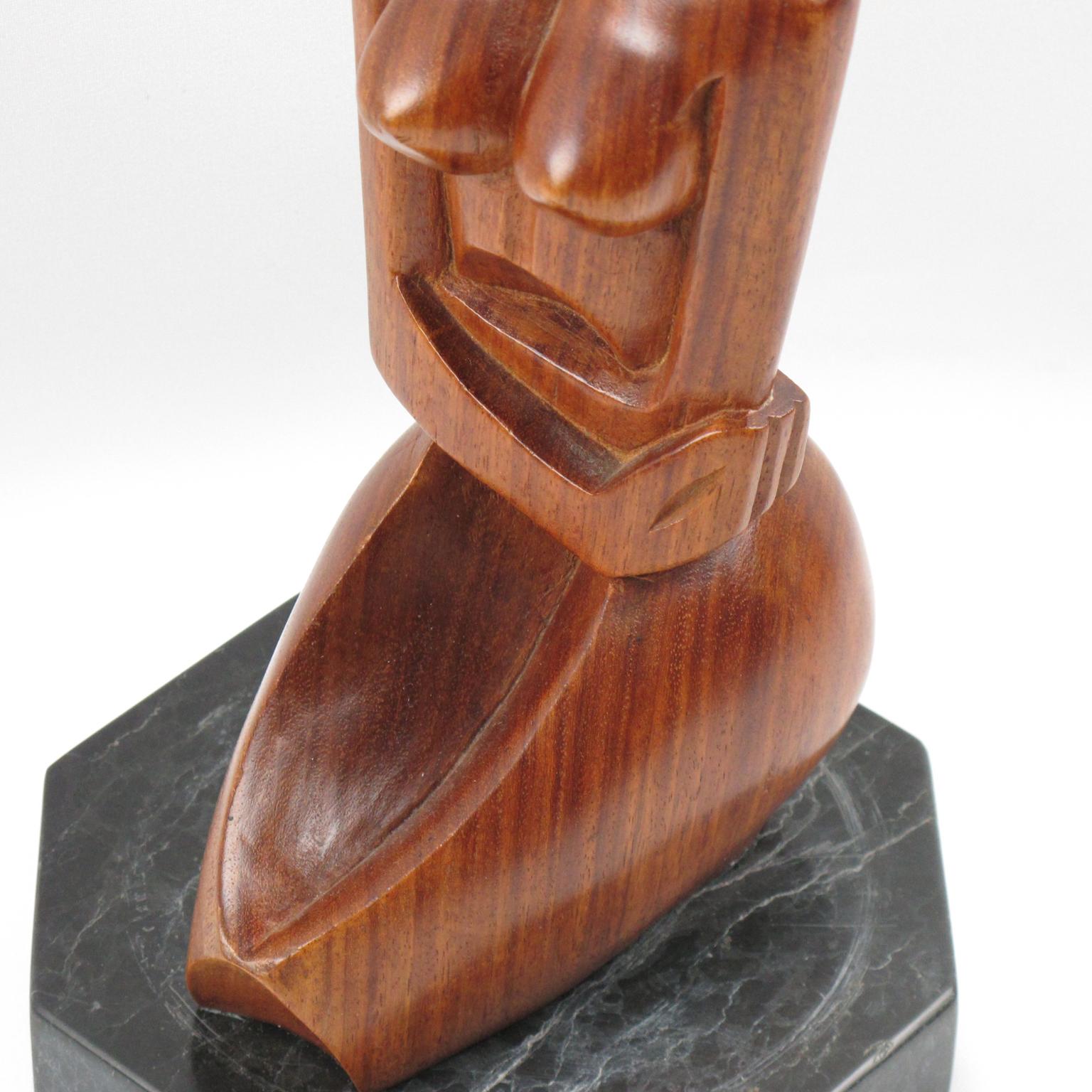 20th Century 1950s Cubist Nude Woman Wooden Sculpture on Marble Base