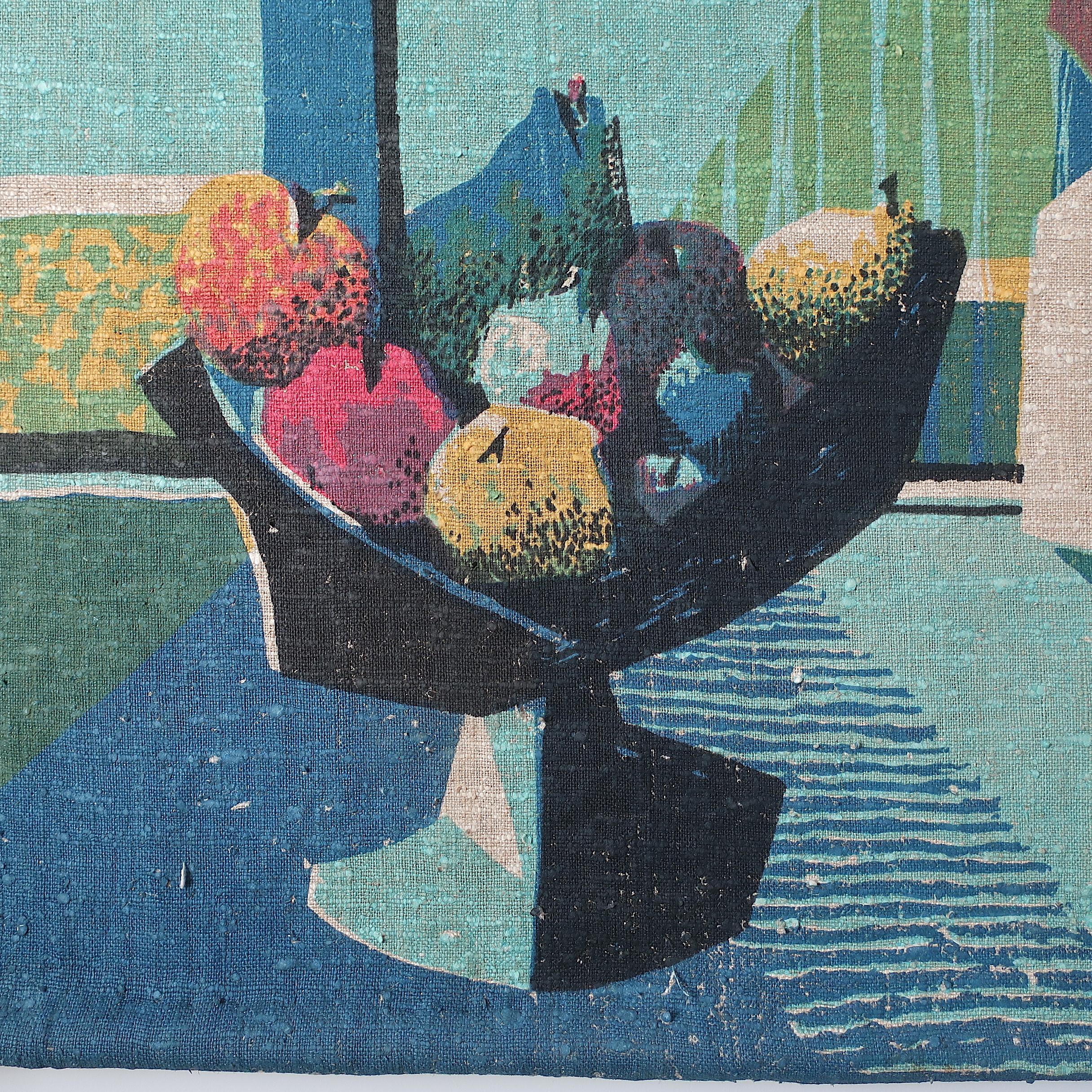 Mid-20th Century 1950s Cubist Style Screen Printed Linen Wall Hanging, Bowl of Fruit Sailboats For Sale
