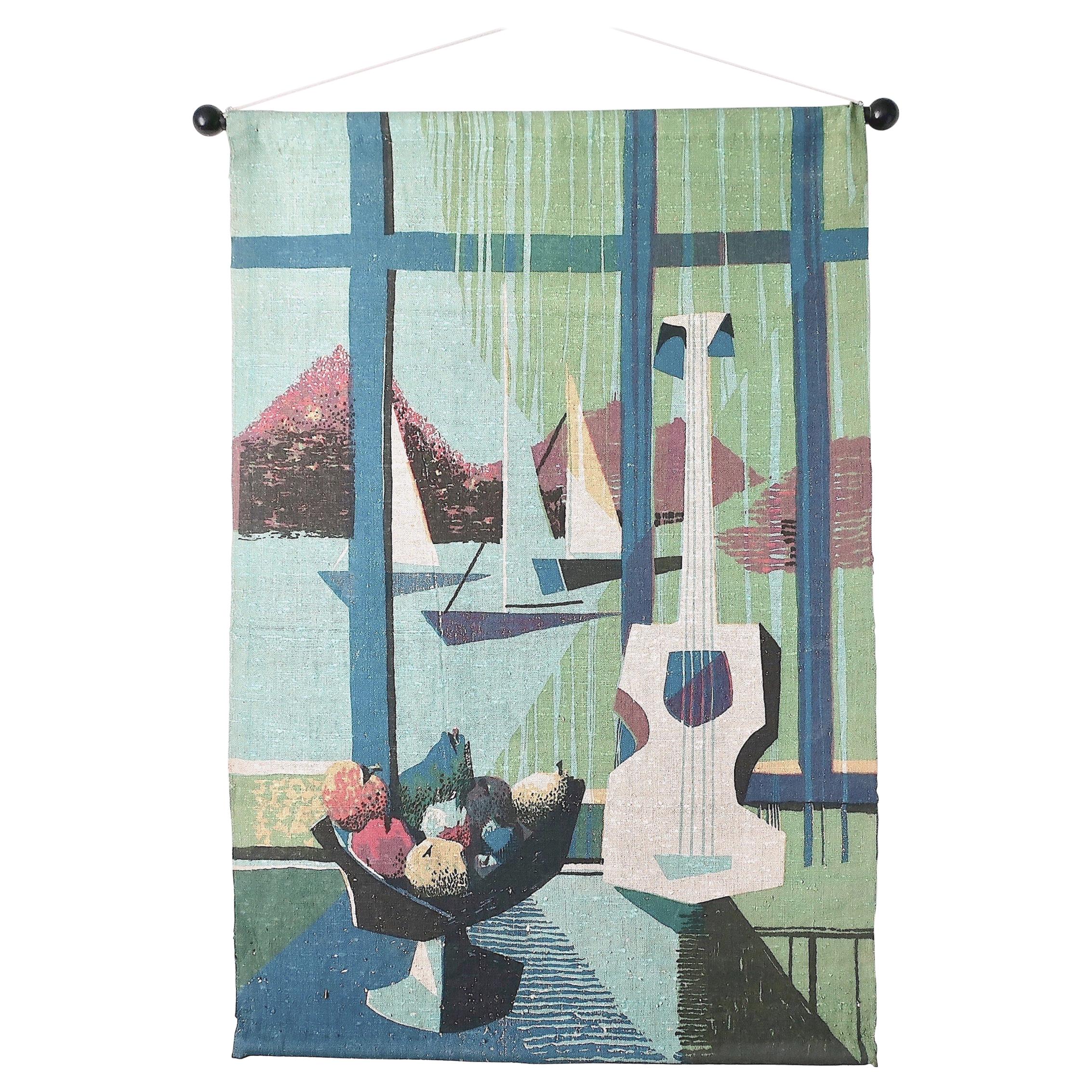 1950s Cubist Style Screen Printed Linen Wall Hanging, Bowl of Fruit Sailboats For Sale