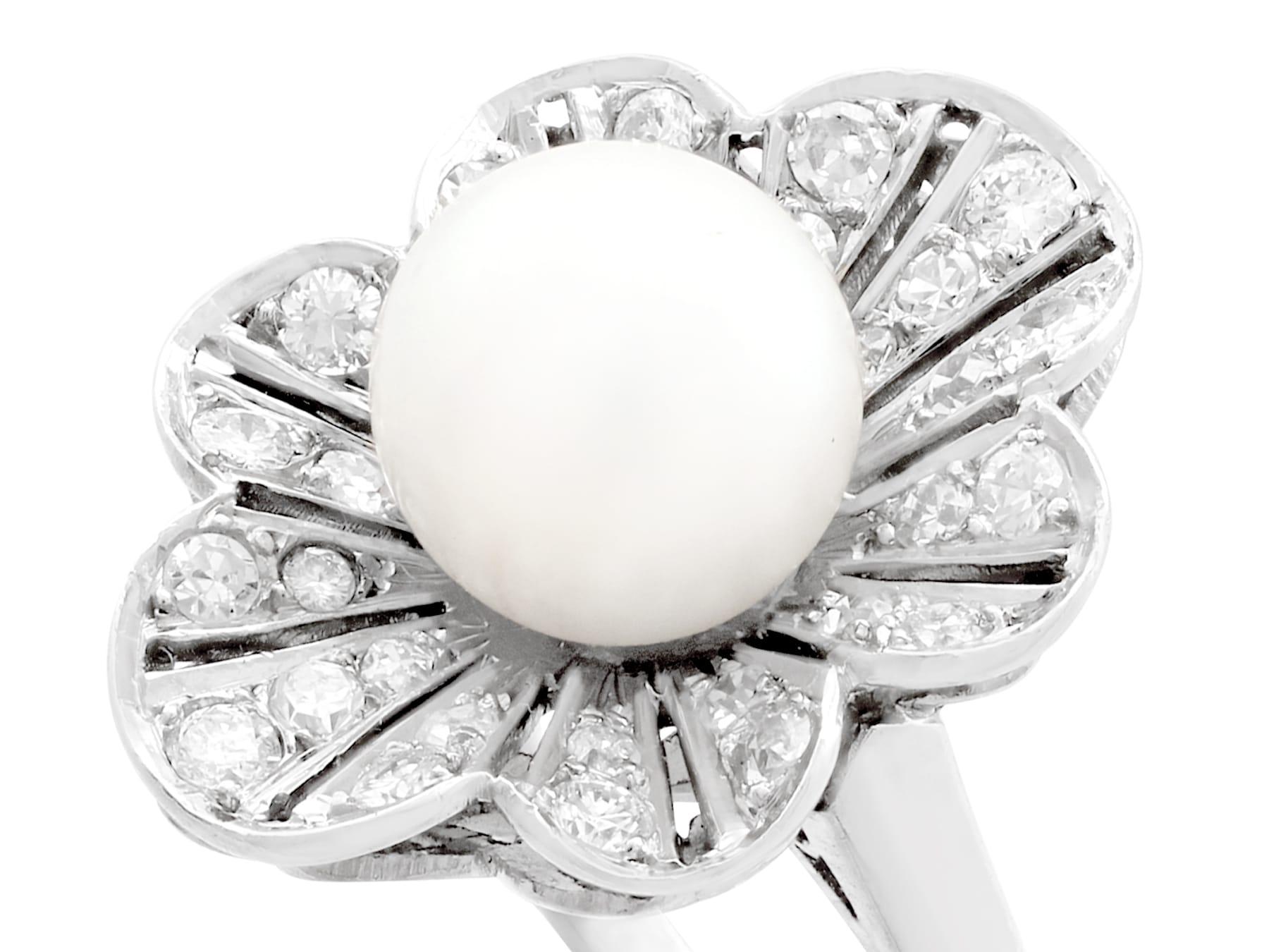 Round Cut 1950s Cultured Pearl and 1.02 Carat Diamond Platinum Cluster Ring For Sale