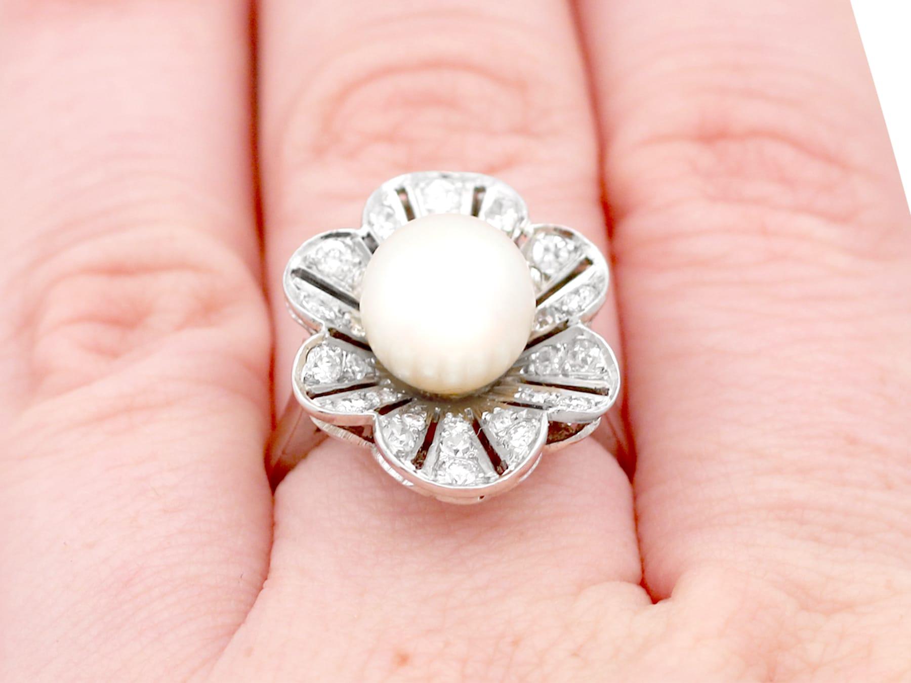 1950s Cultured Pearl and 1.02 Carat Diamond Platinum Cluster Ring For Sale 4